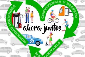 Cartel campaña "Ahora Juntos", bicicletas, patinetes eléctricos, peatones, coches