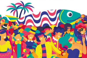 Imagen de personas disfrazadas, una sardina y confeti