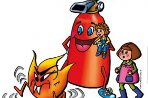 dibujo de niños y extintor y un fuego huyendo