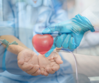 Imagen de persona donando sangre y dos manos sujetando corazón rojo