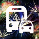 Imagen de autobús y coche sobre fondo de fuegos artificiales Imagen de autobús y coche sobre fondo de fuegos artificiales
